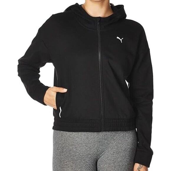 Puma Cropped Hoodie Jacket 1X Women Full-Zip Sweat Jacket Training Workouts Blak - Picture 1 of 10